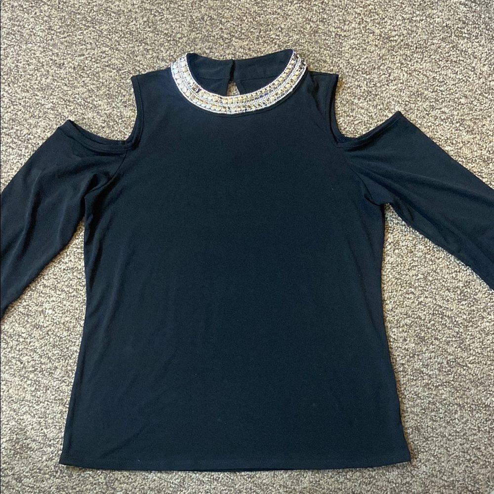 Mos Moa Black and Blue Embellished Cut Out Blouse Size L